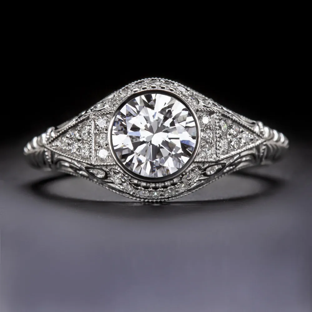 0.72ct CERTIFIED F VS2 DIAMOND ENGAGEMENT RING VINTAGE STYLE ART DECO ROUND CUT