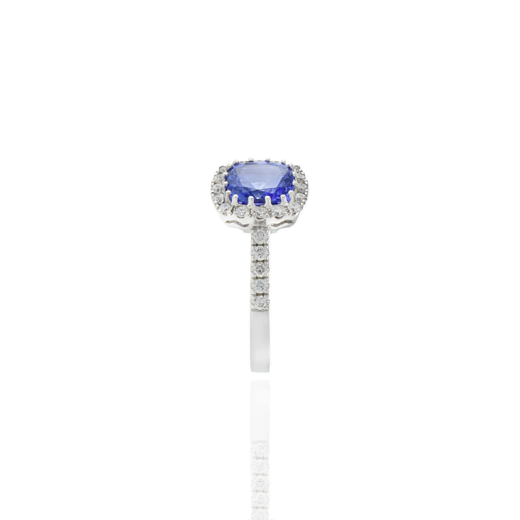 14KT White Gold Cushion Tanzanite And Diamond Ring