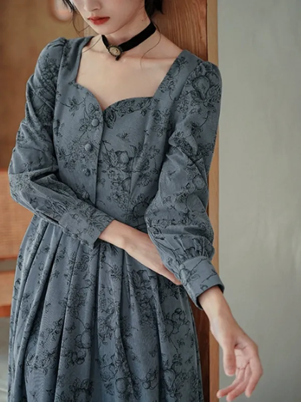 Antique Floral Melody Corduroy Dress