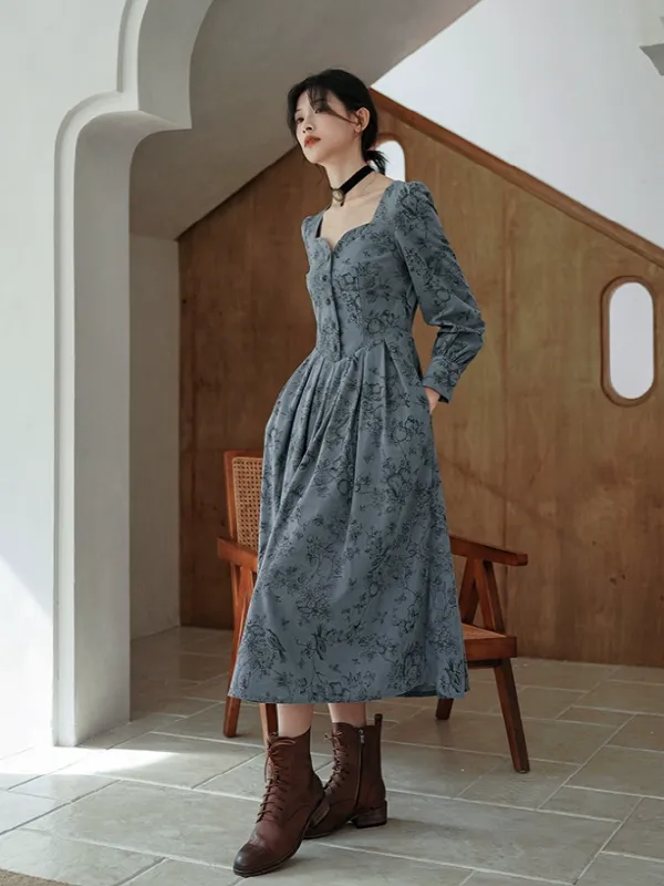 Antique Floral Melody Corduroy Dress