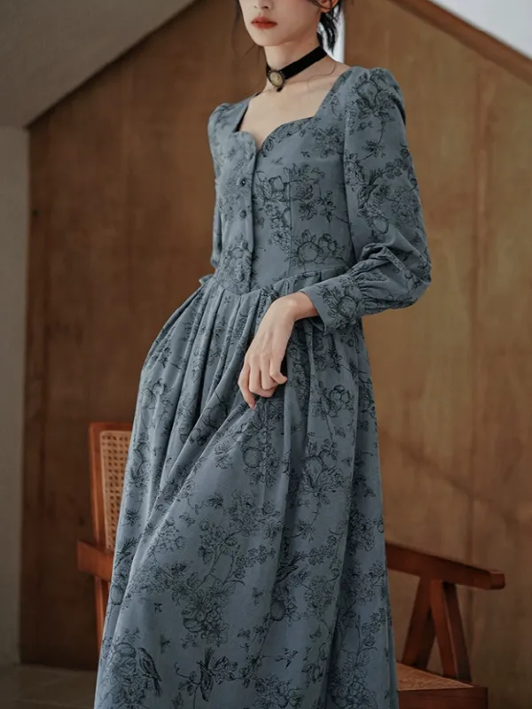 Antique Floral Melody Corduroy Dress