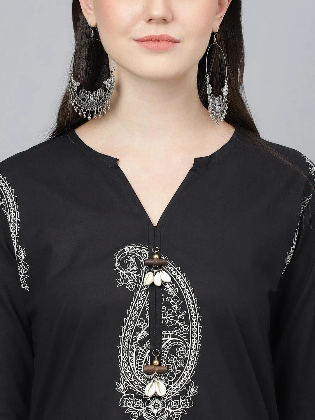 Black Cotton Straight Kurta with Curve Hem Pant set