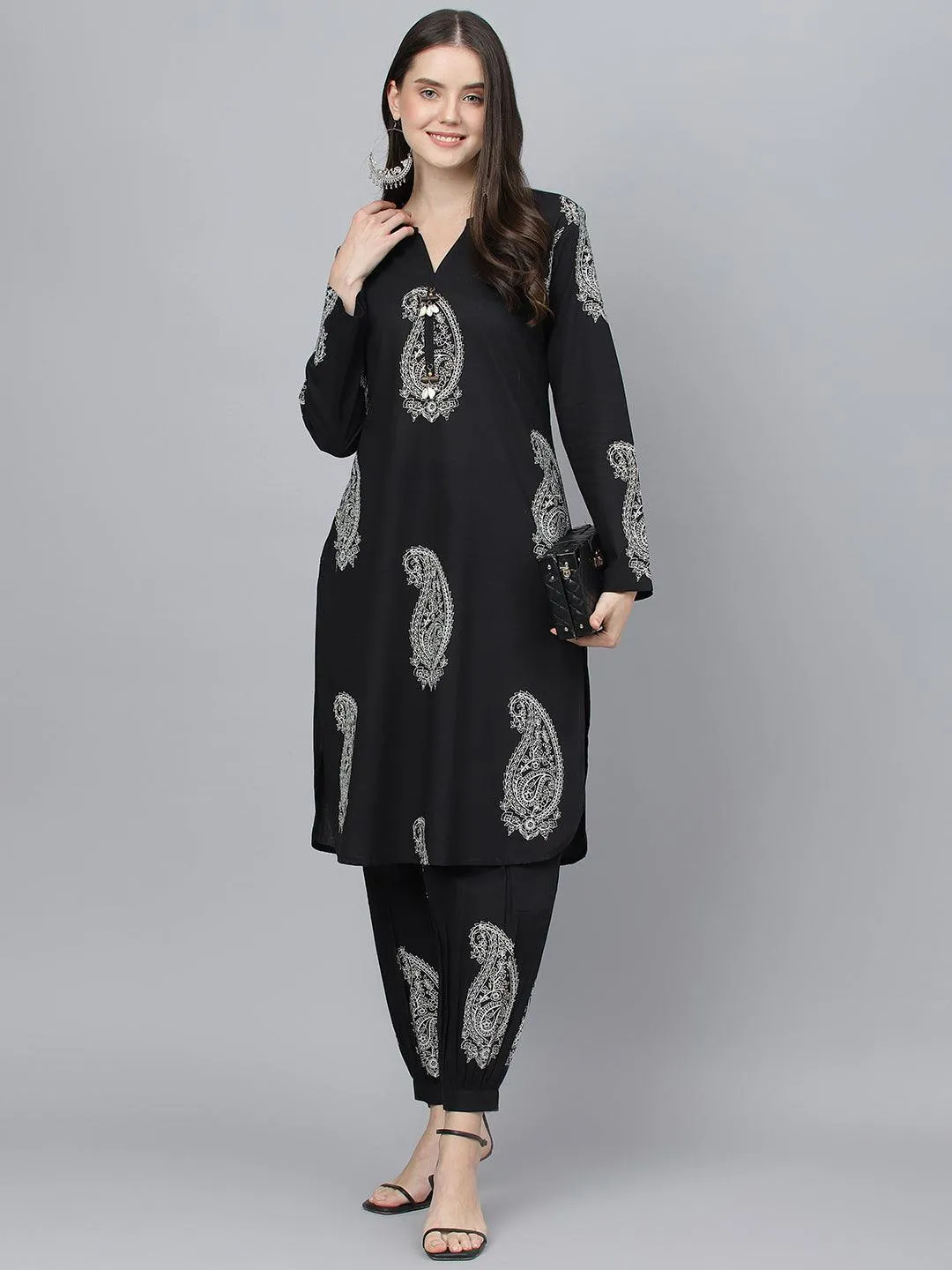 Black Cotton Straight Kurta with Curve Hem Pant set