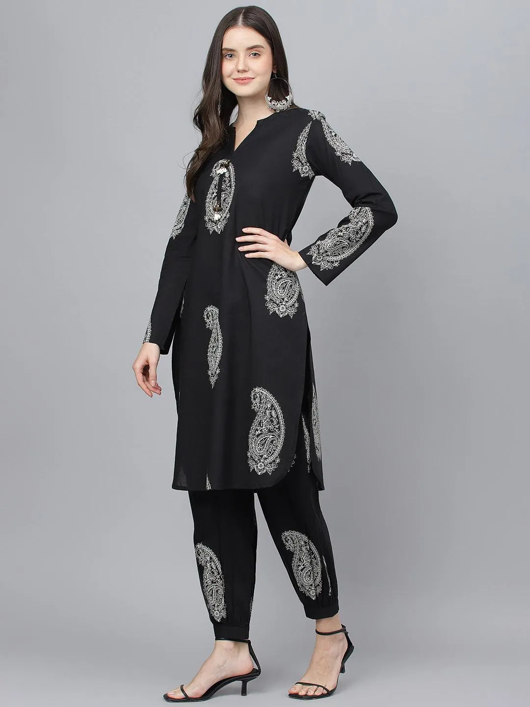 Black Cotton Straight Kurta with Curve Hem Pant set