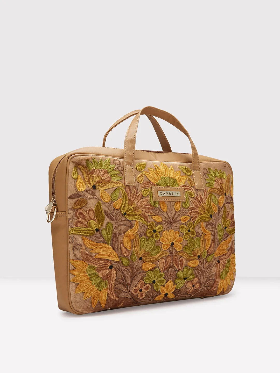 Caprese Tresna Embroidery Laptop Tote Handbag Fawn