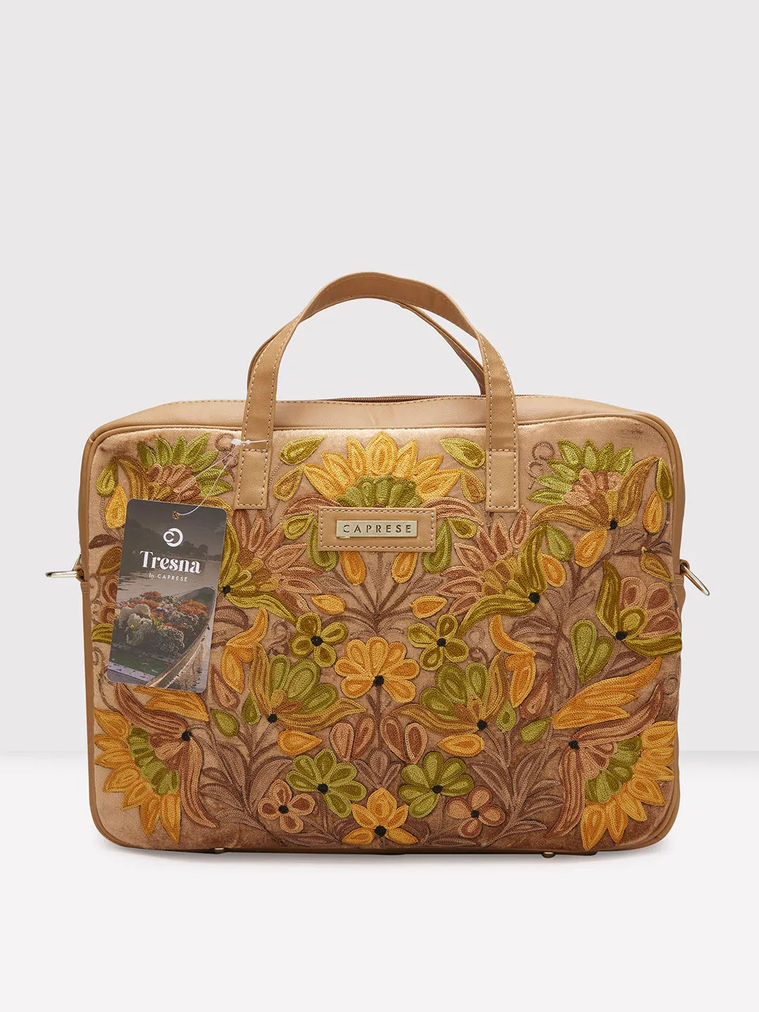 Caprese Tresna Embroidery Laptop Tote Handbag Fawn