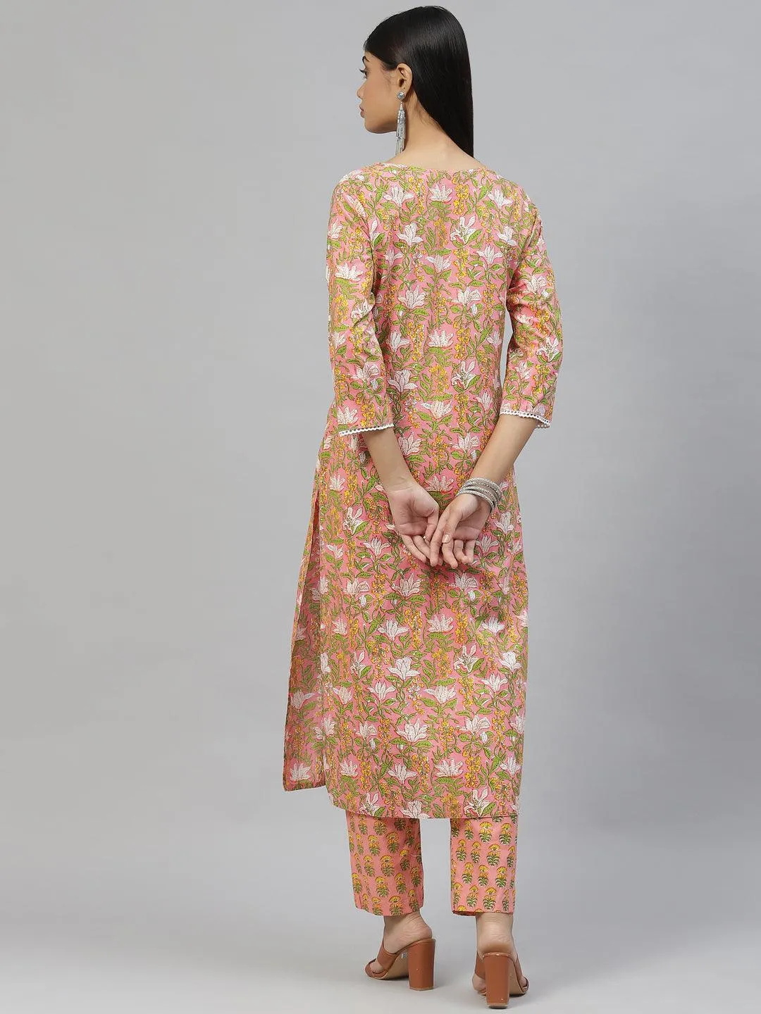 Divena Pink Floral Cotton Kurta Pant Set