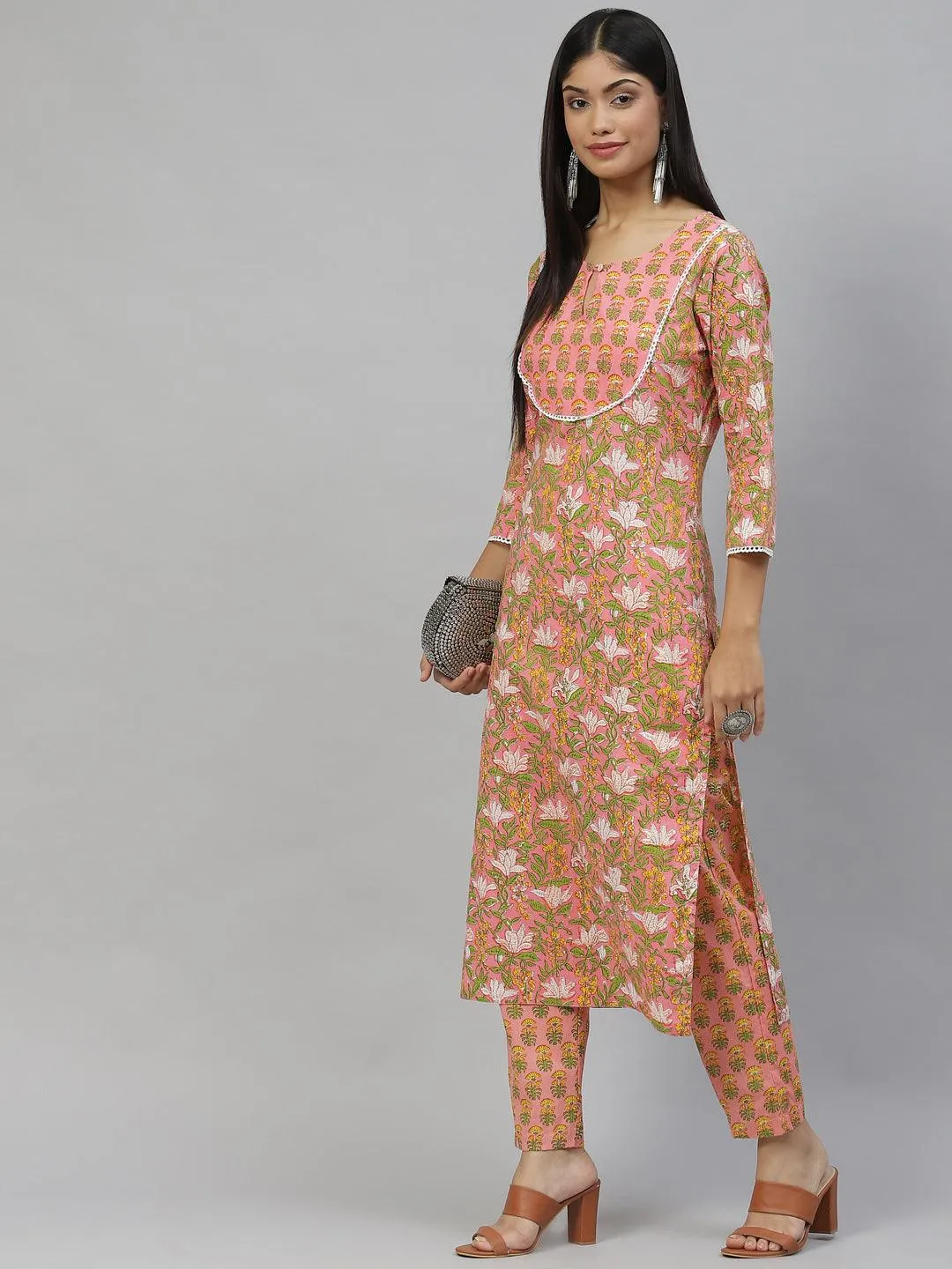 Divena Pink Floral Cotton Kurta Pant Set