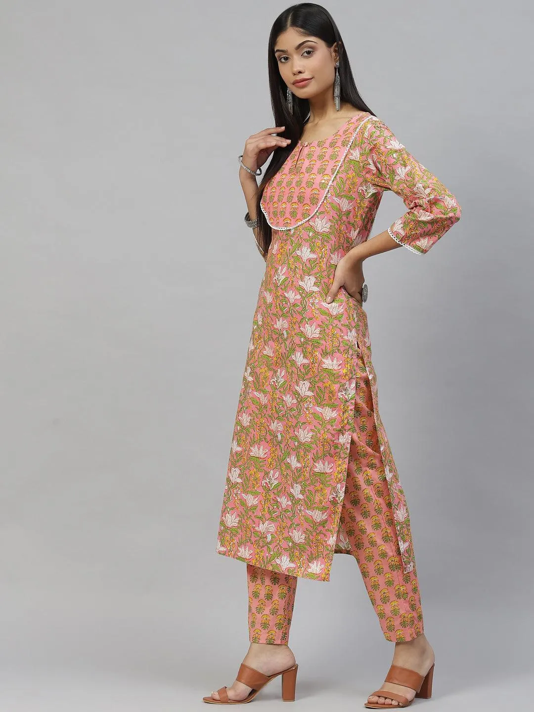 Divena Pink Floral Cotton Kurta Pant Set