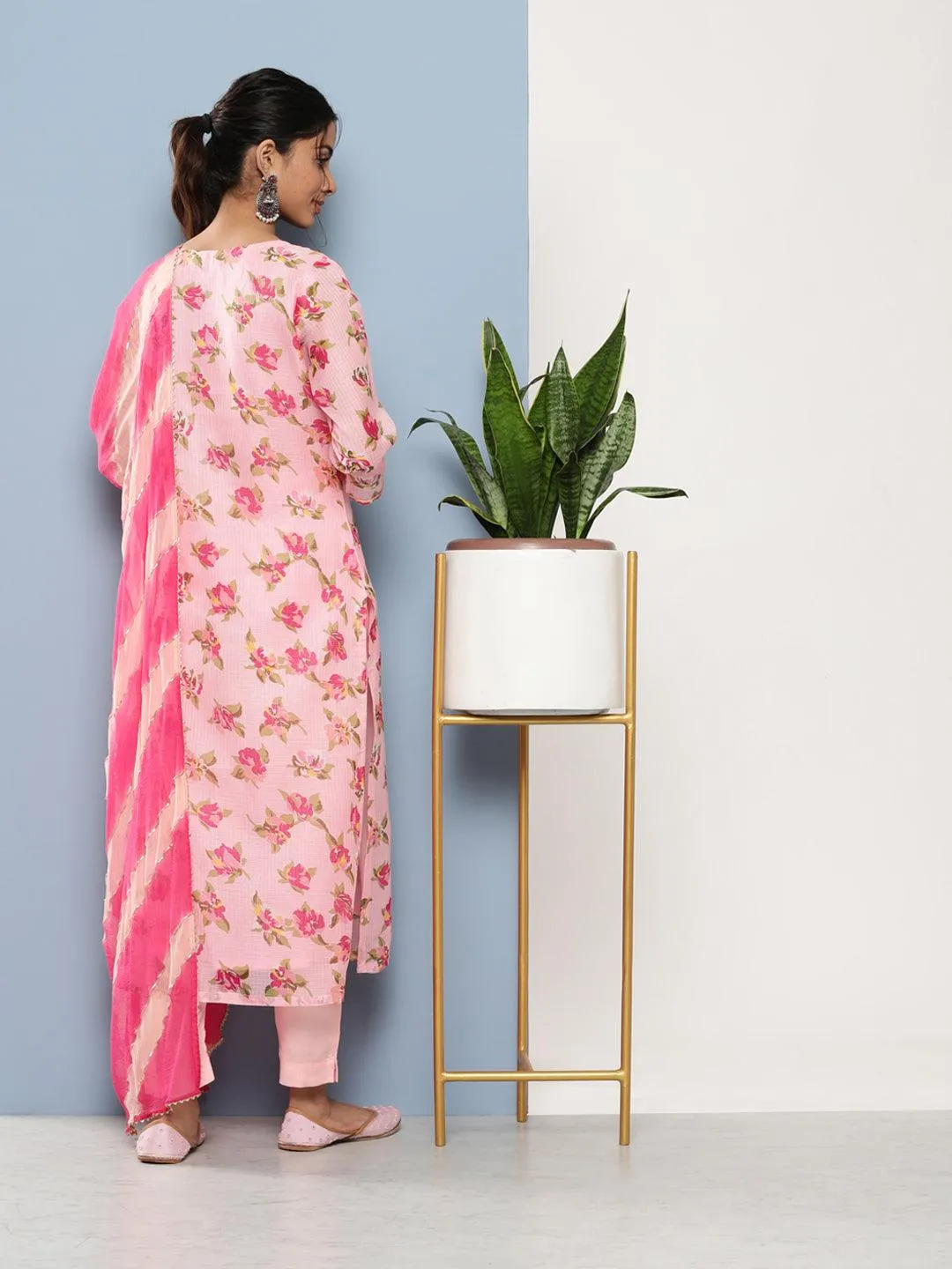 Divena Pink Kota Doria Floral Printed Kurta Pant Dupatta Sets