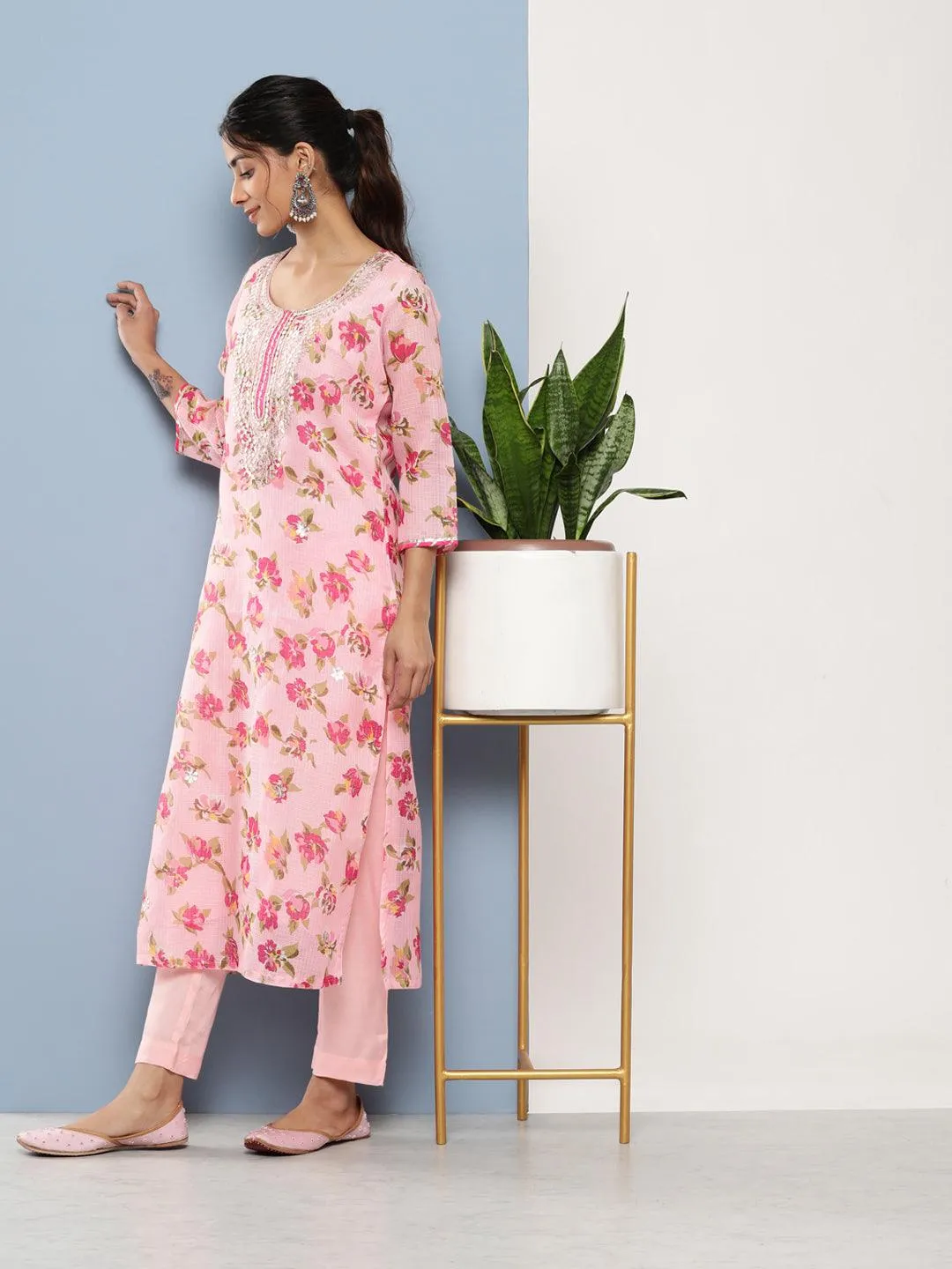 Divena Pink Kota Doria Floral Printed Kurta Pant Dupatta Sets