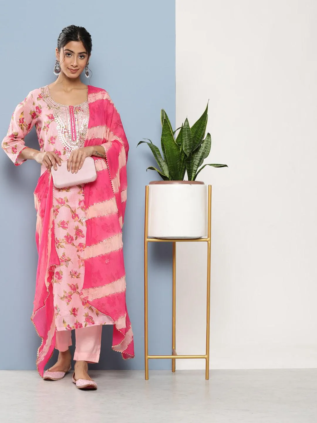 Divena Pink Kota Doria Floral Printed Kurta Pant Dupatta Sets