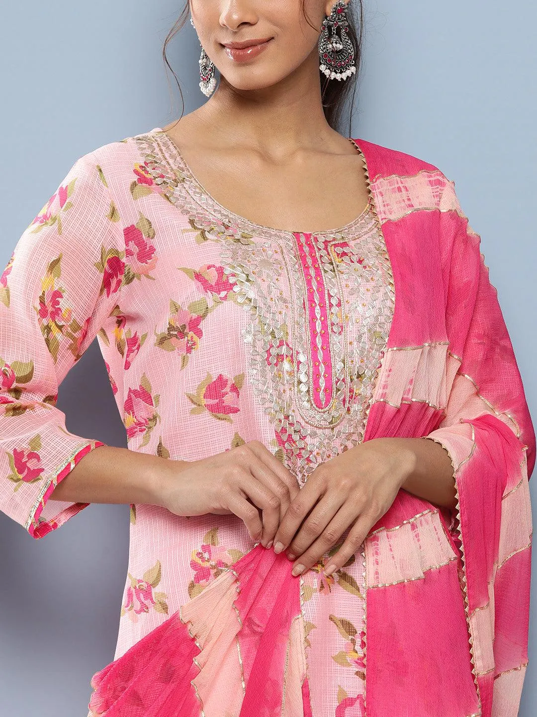 Divena Pink Kota Doria Floral Printed Kurta Pant Dupatta Sets