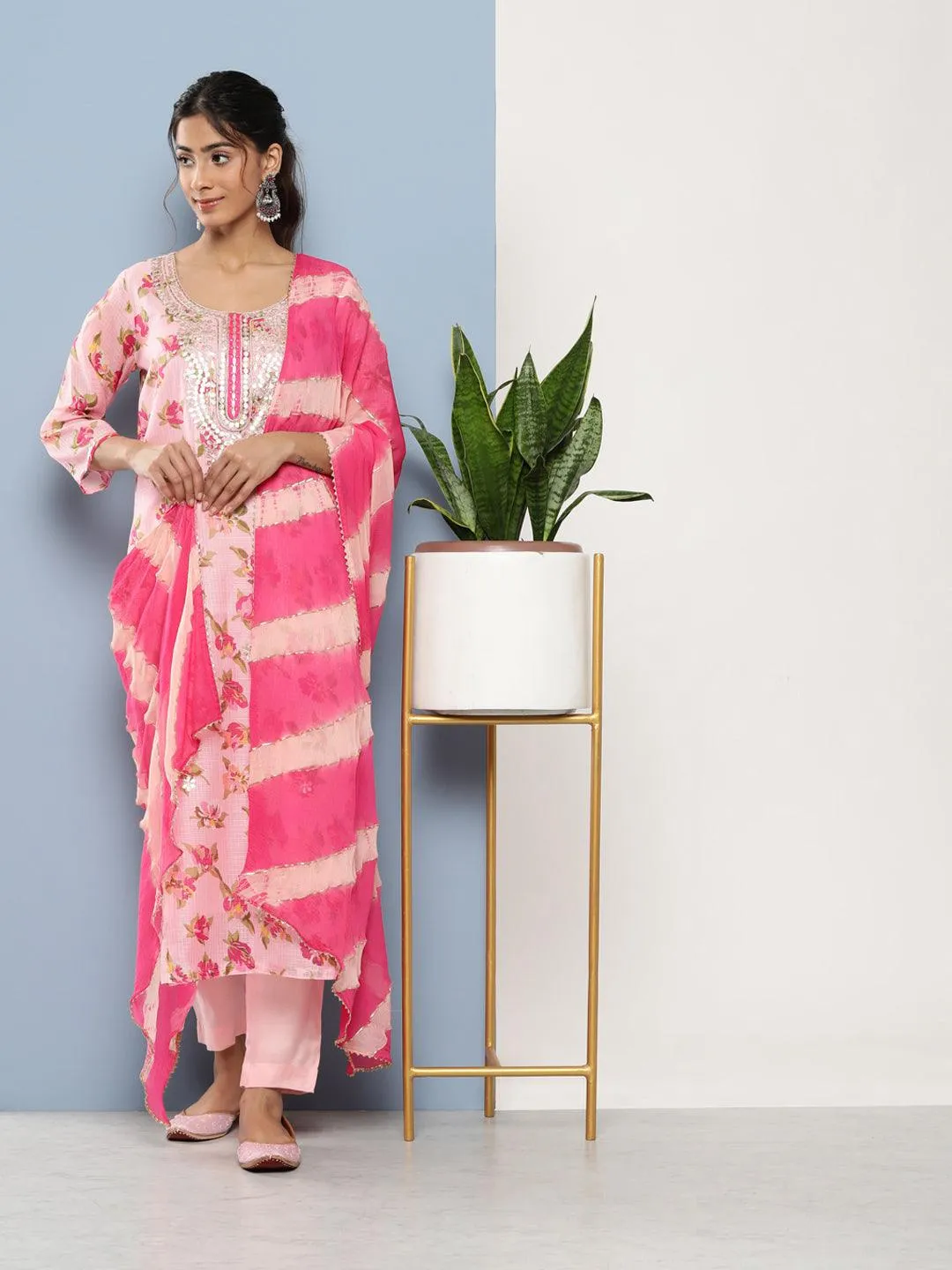 Divena Pink Kota Doria Floral Printed Kurta Pant Dupatta Sets