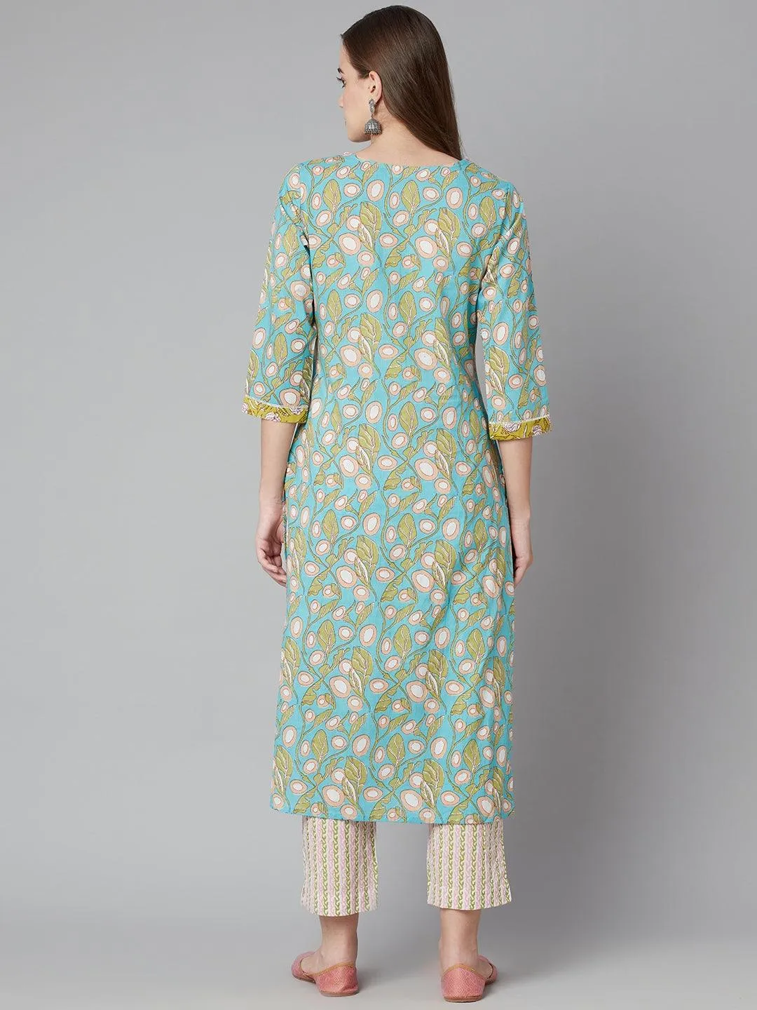 Divena Sky blue Floral Printed Cotton kurta Pant Set