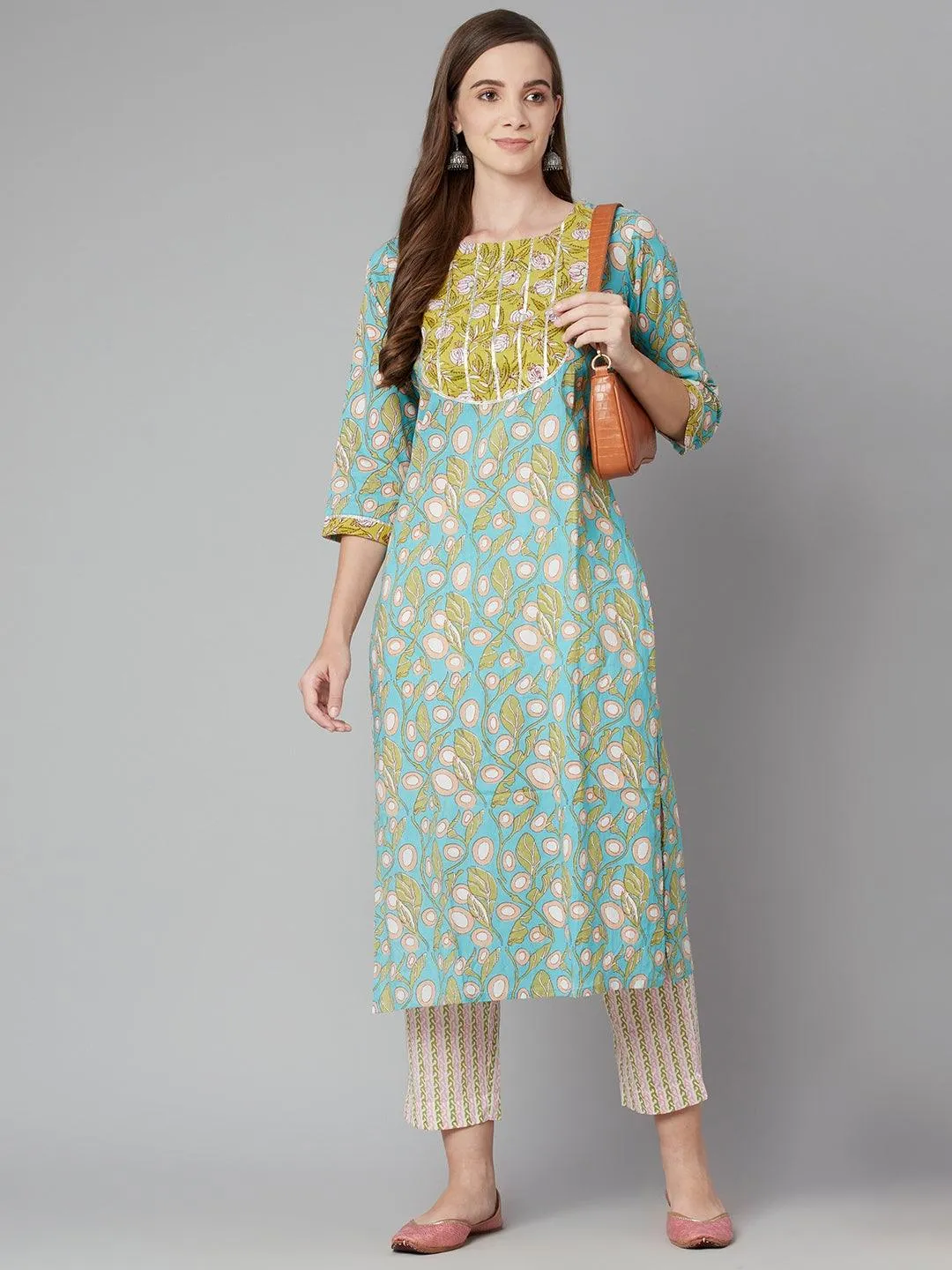 Divena Sky blue Floral Printed Cotton kurta Pant Set