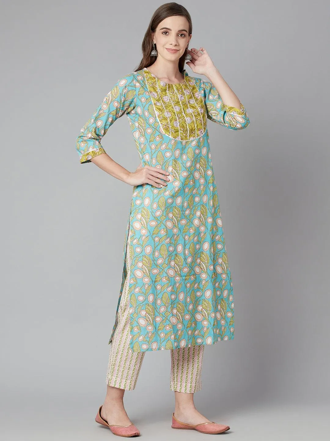 Divena Sky blue Floral Printed Cotton kurta Pant Set