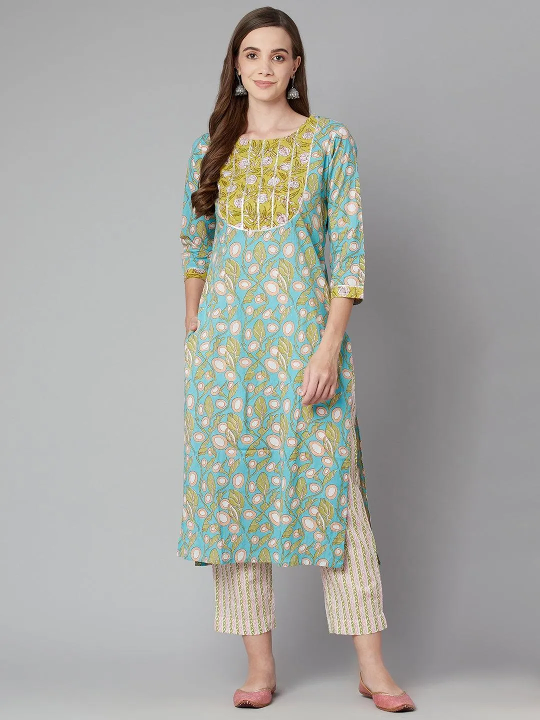 Divena Sky blue Floral Printed Cotton kurta Pant Set