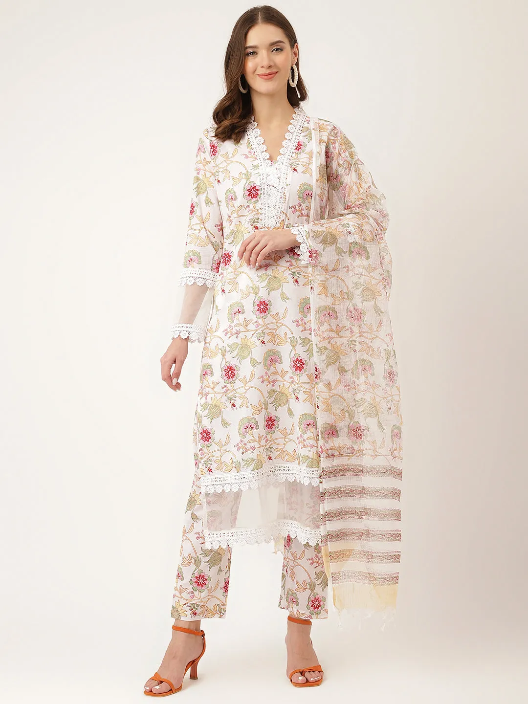 Divena White Hand Block Floral Print Cotton  Kurta, Trouser With Dupatta
