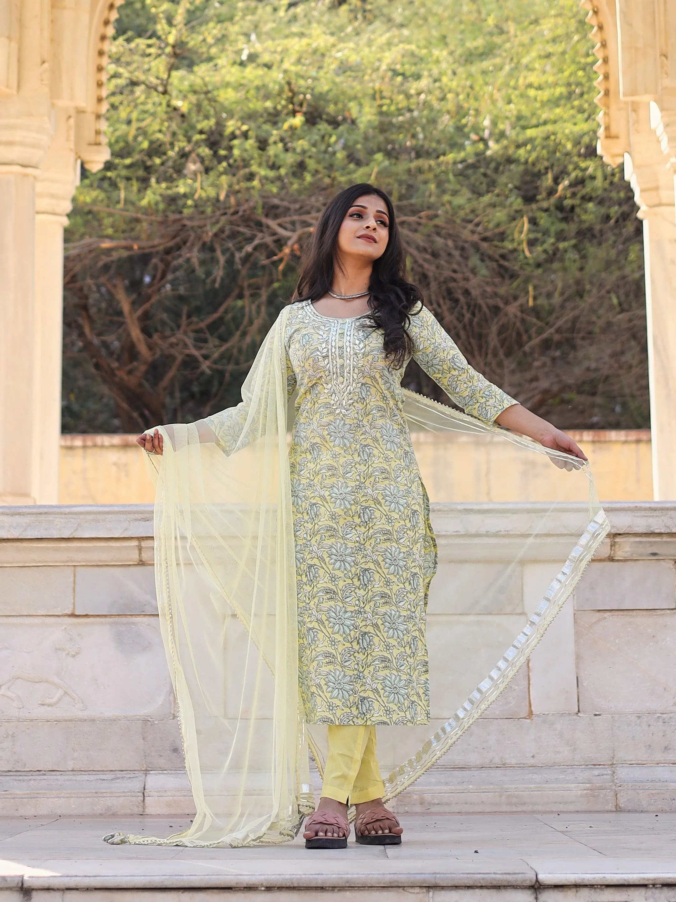 Divena yellow Cotton Straight Kurta pant set with dupatta