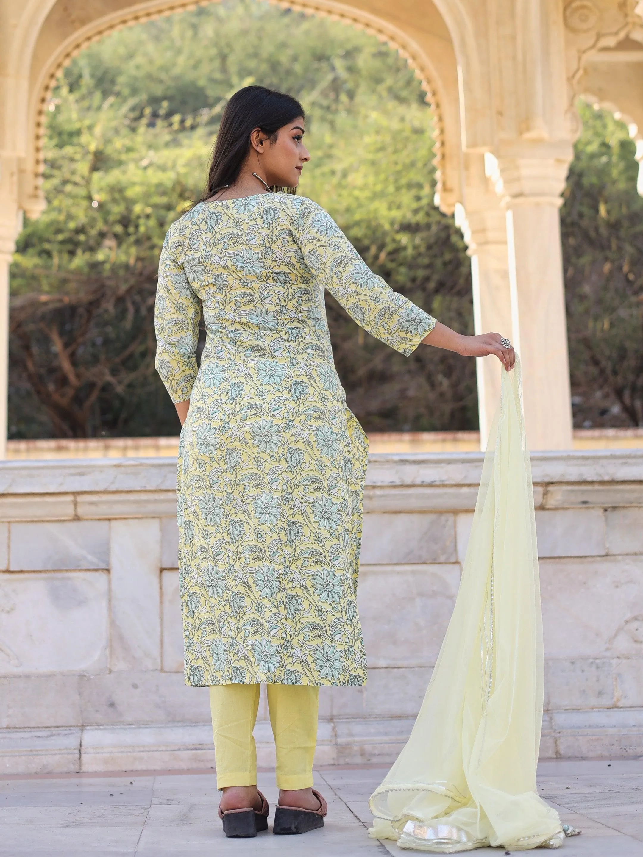 Divena yellow Cotton Straight Kurta pant set with dupatta