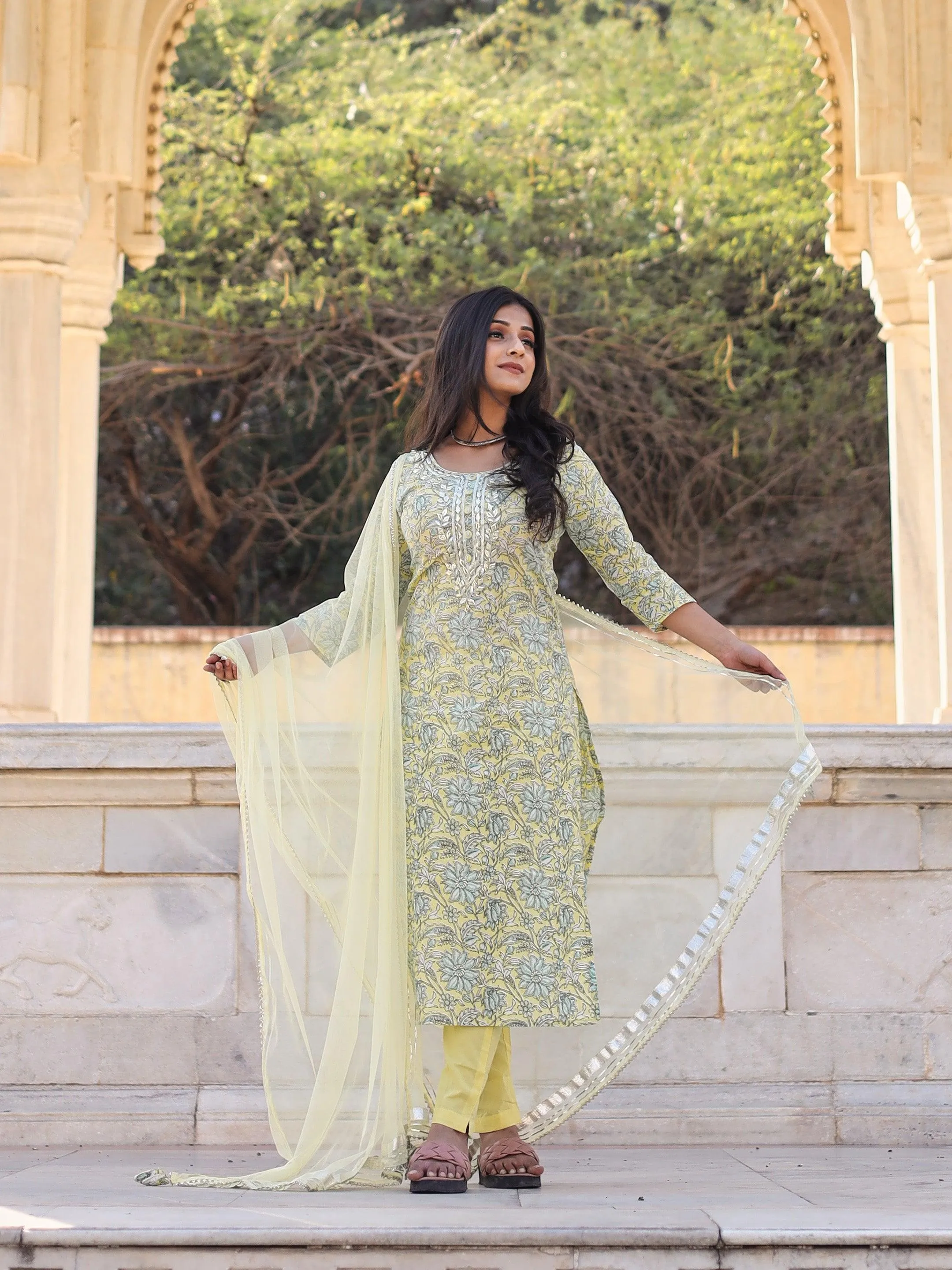 Divena yellow Cotton Straight Kurta pant set with dupatta