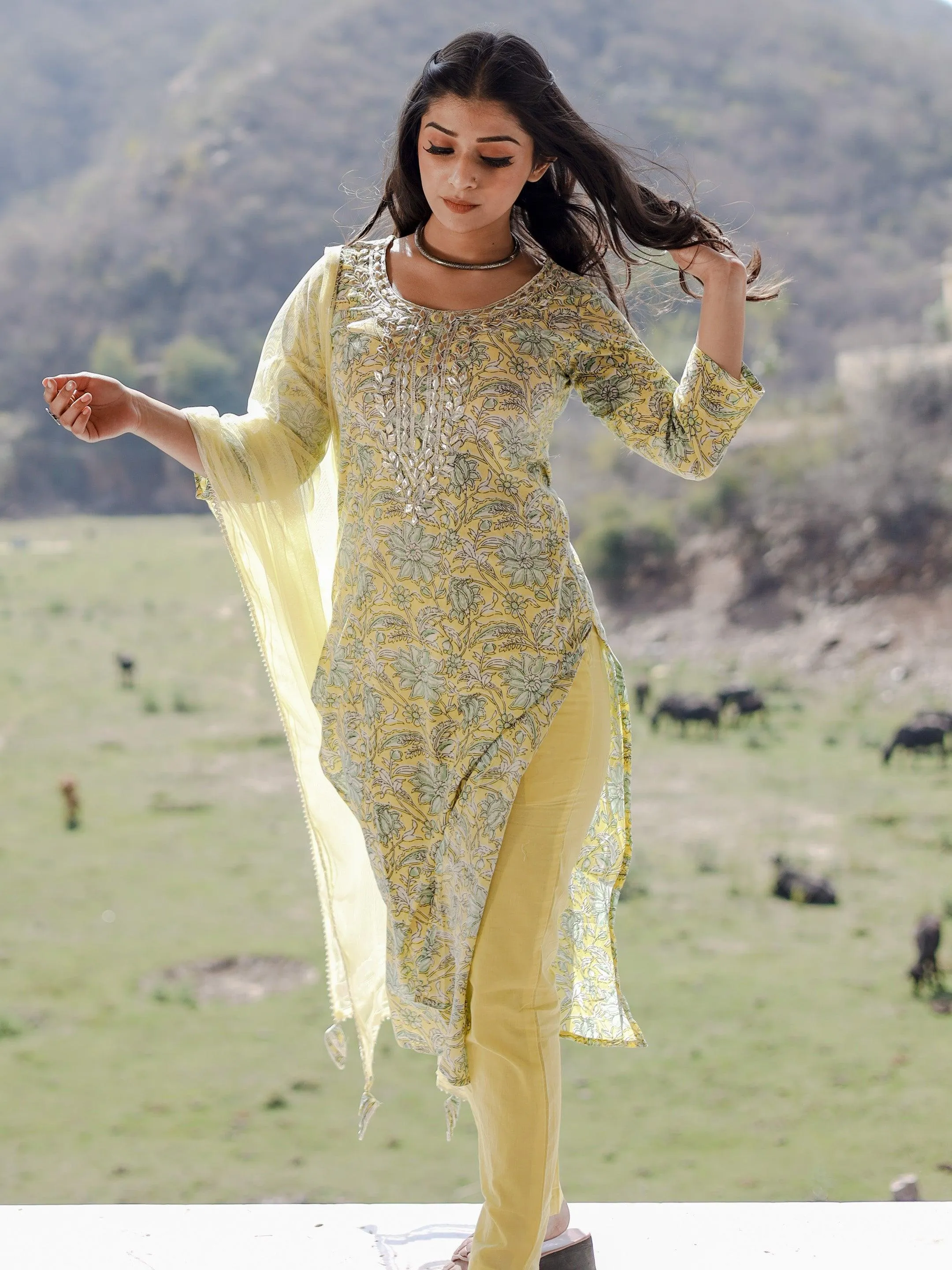 Divena yellow Cotton Straight Kurta pant set with dupatta