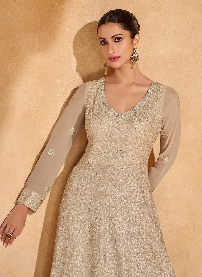 Elegant Beige Ombre Embroidered Designer Anarkali Gown