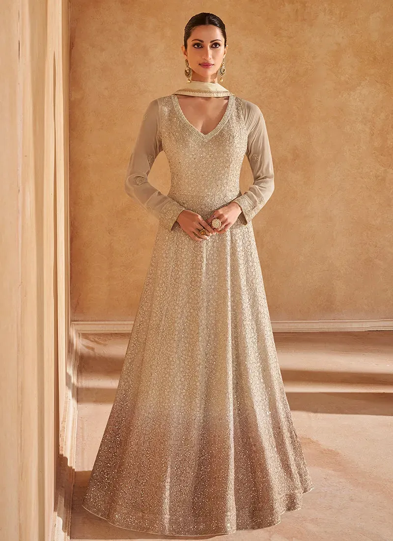 Elegant Beige Ombre Embroidered Designer Anarkali Gown
