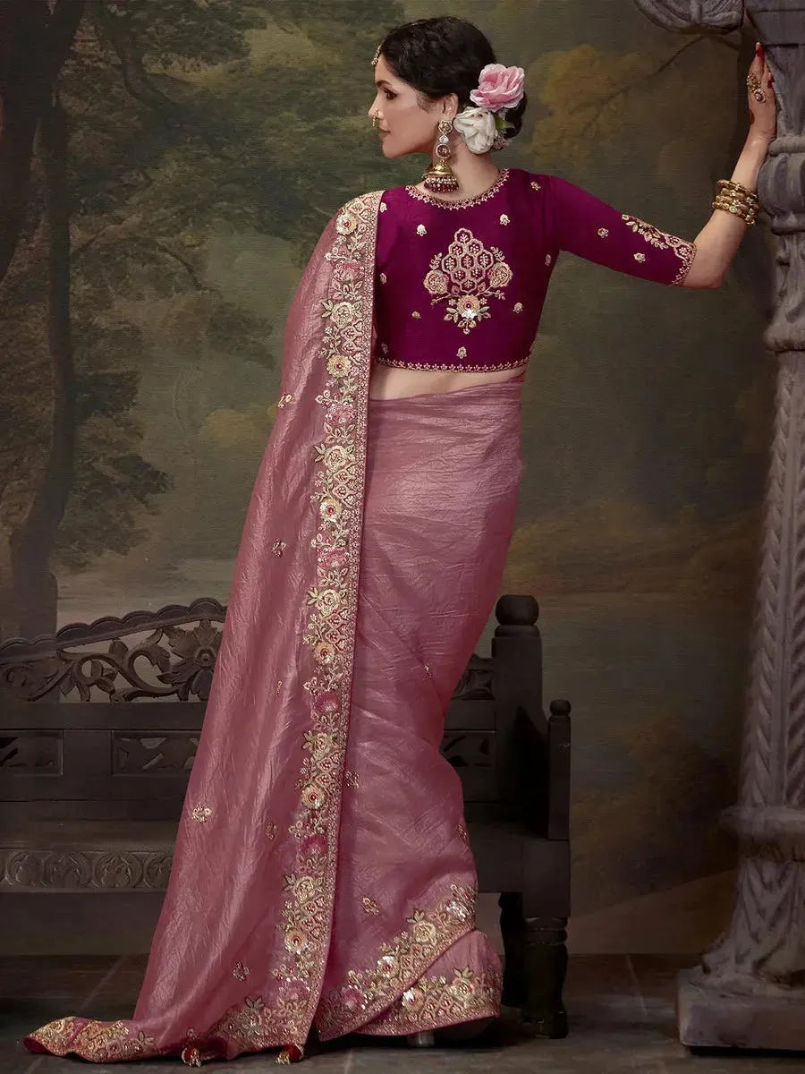 Elegant Rose Gold Embroidered Fancy Saree