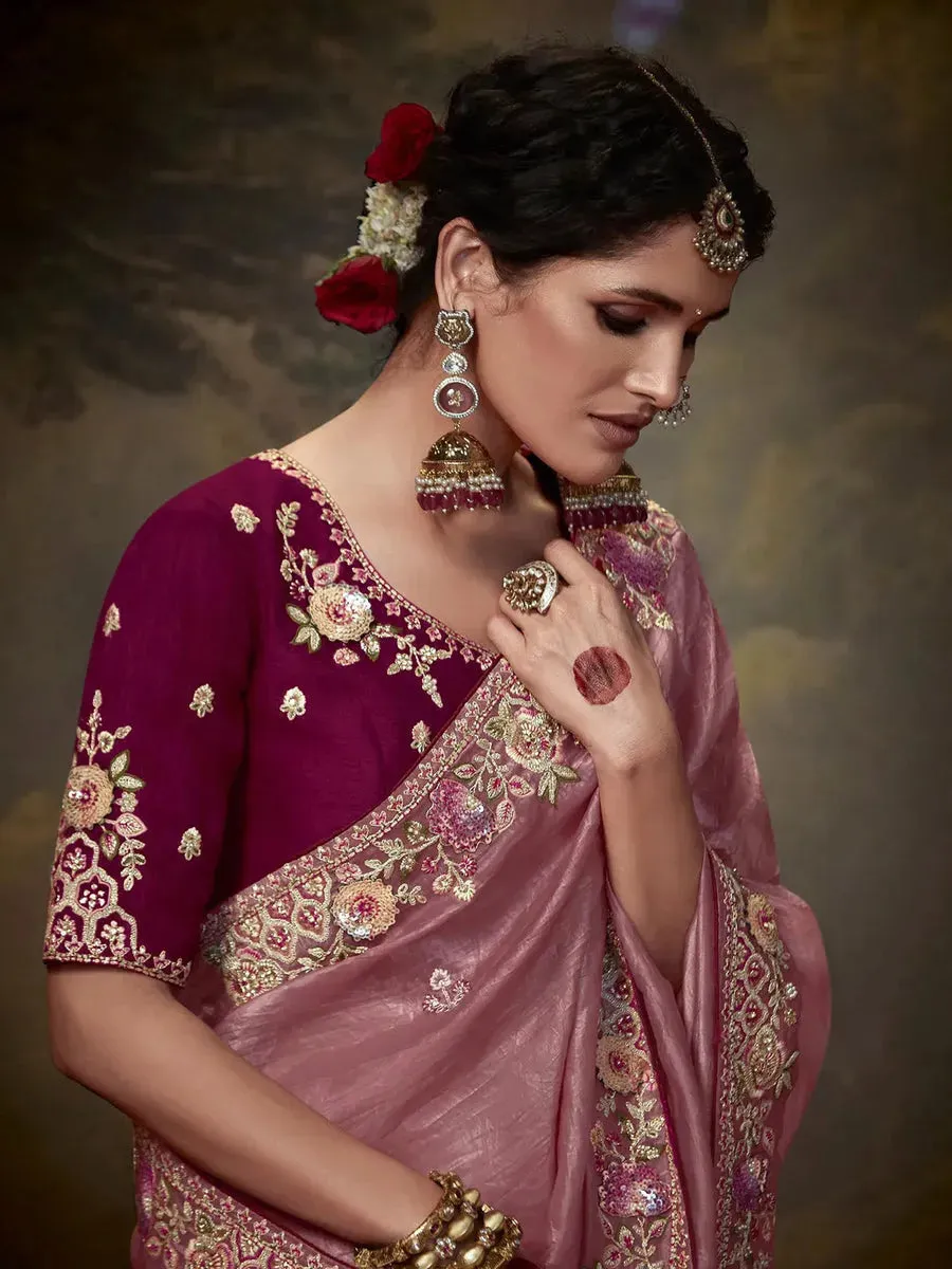 Elegant Rose Gold Embroidered Fancy Saree