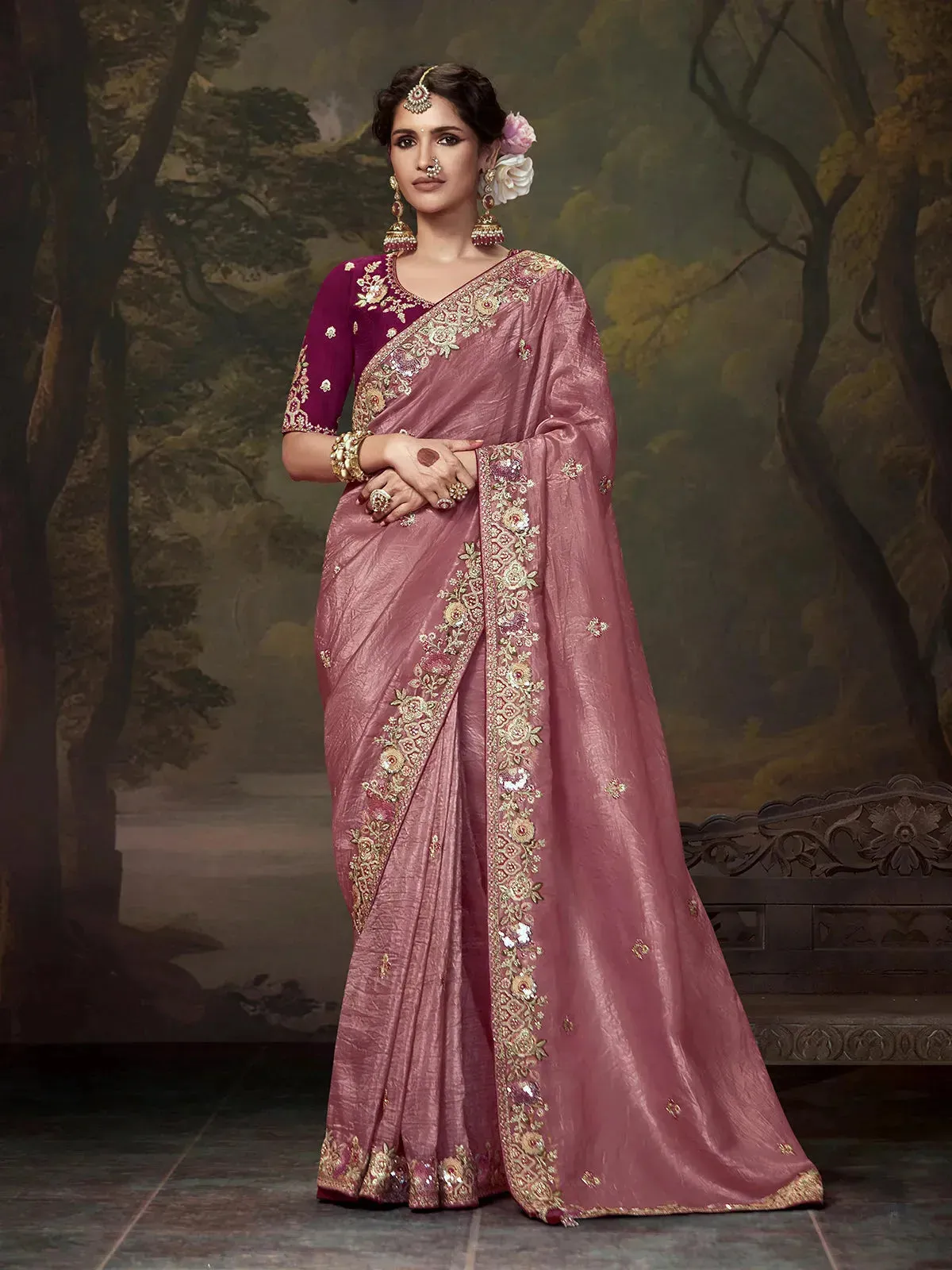 Elegant Rose Gold Embroidered Fancy Saree