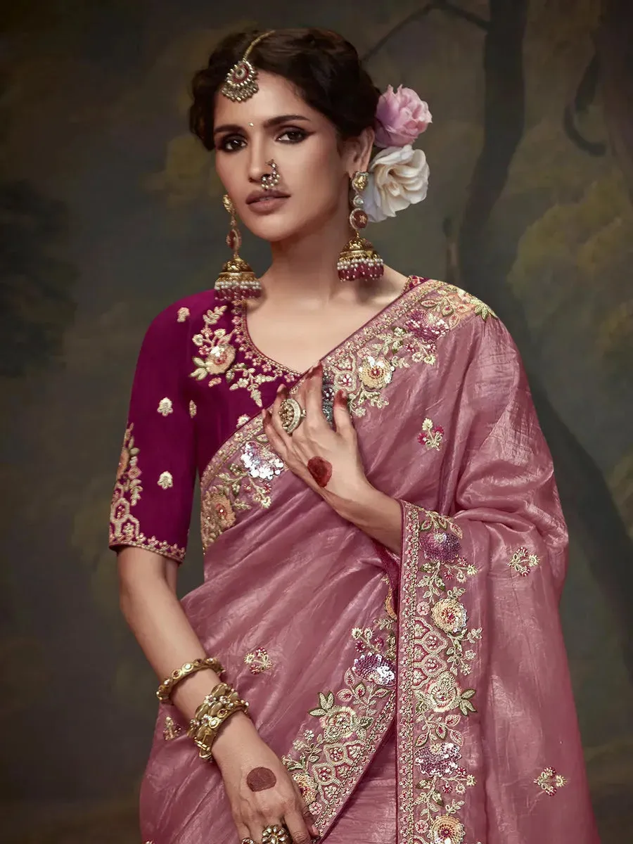 Elegant Rose Gold Embroidered Fancy Saree