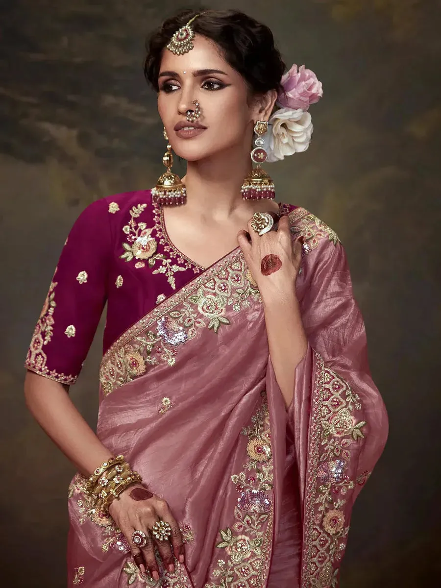Elegant Rose Gold Embroidered Fancy Saree