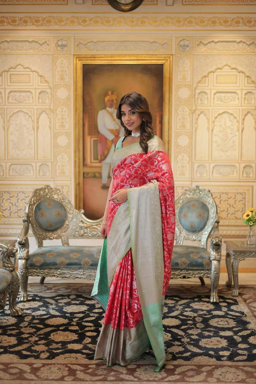 Exquisite Red and Green Silk Saree with Blouse