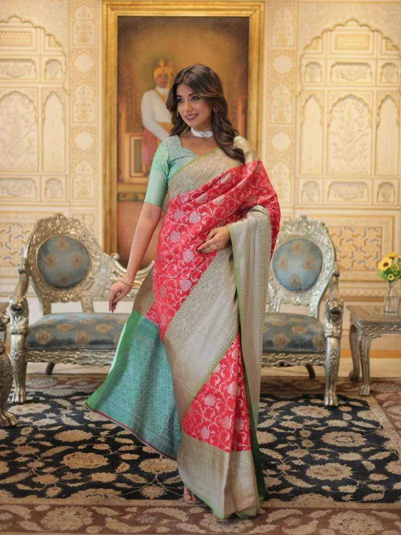 Exquisite Red and Green Silk Saree with Blouse