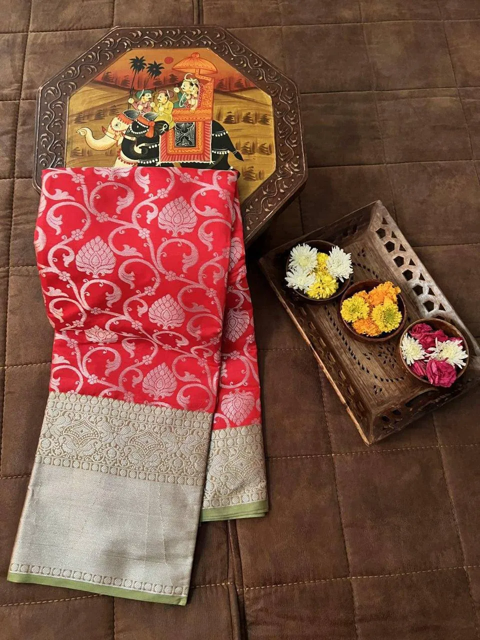Exquisite Red and Green Silk Saree with Blouse