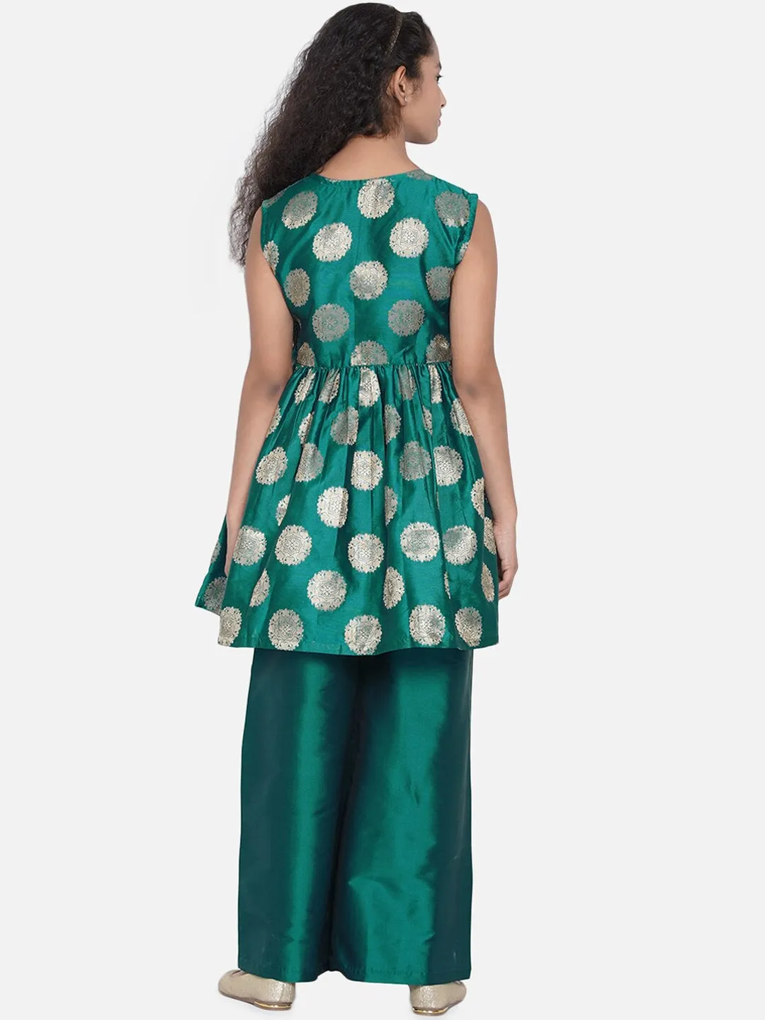 Girls Green Ethnic Motifs Printed Angrakha Kurti With Palazzos