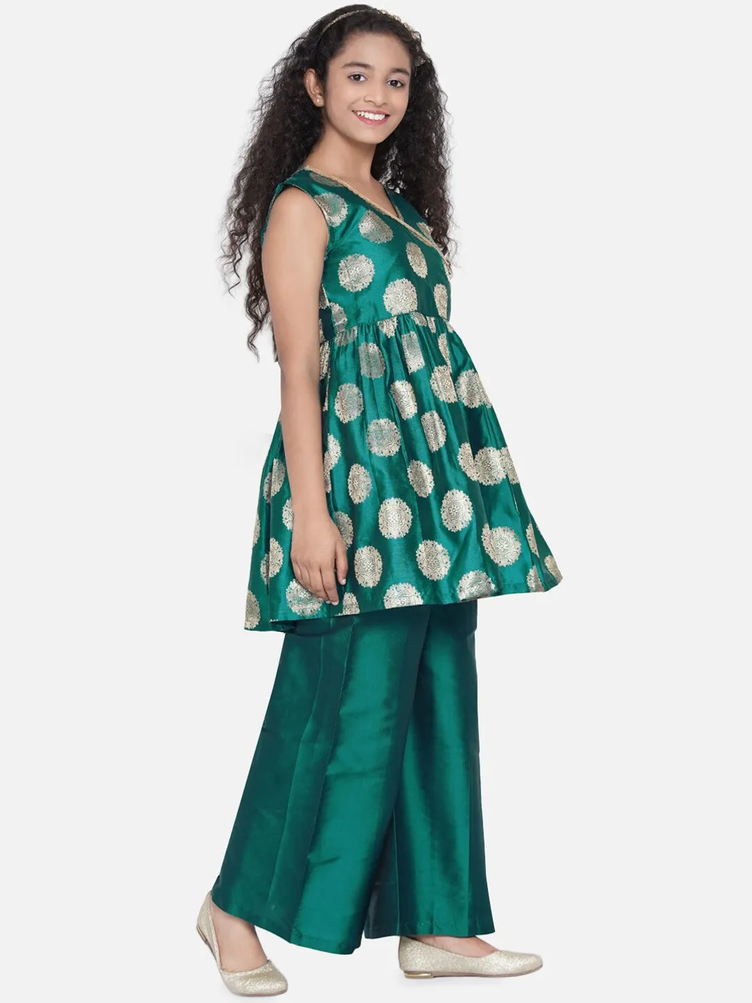 Girls Green Ethnic Motifs Printed Angrakha Kurti With Palazzos