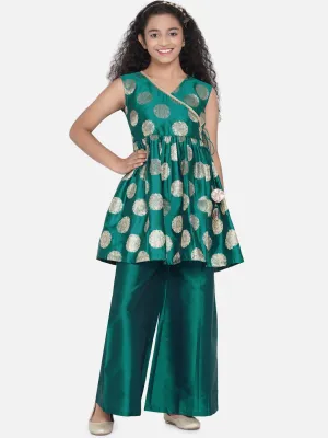 Girls Green Ethnic Motifs Printed Angrakha Kurti With Palazzos