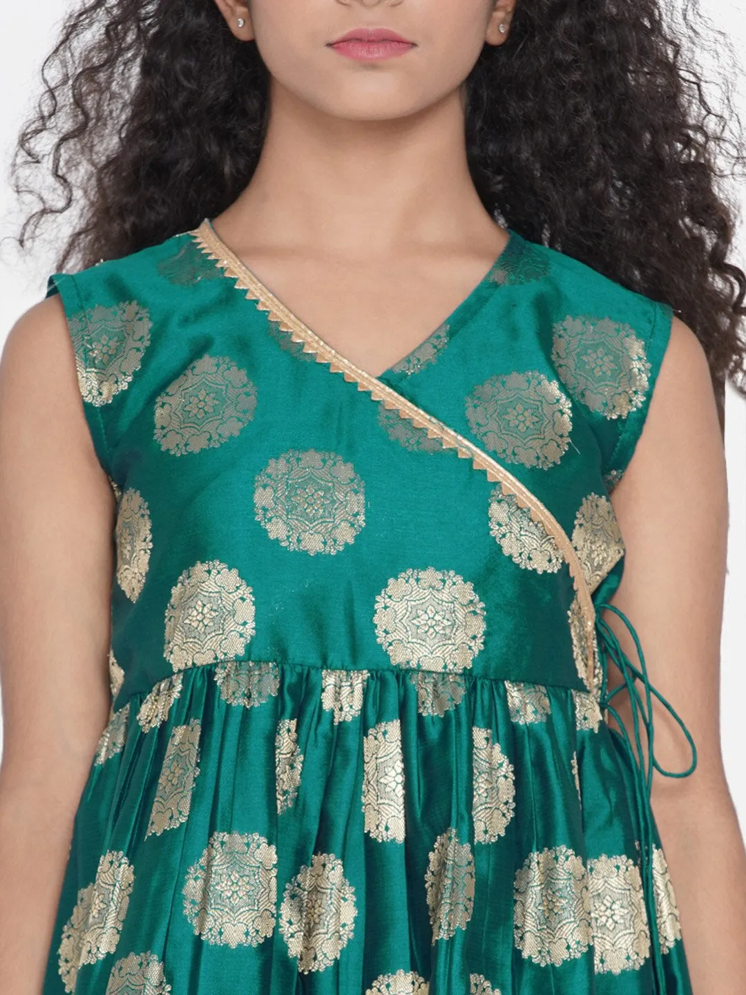 Girls Green Ethnic Motifs Printed Angrakha Kurti With Palazzos