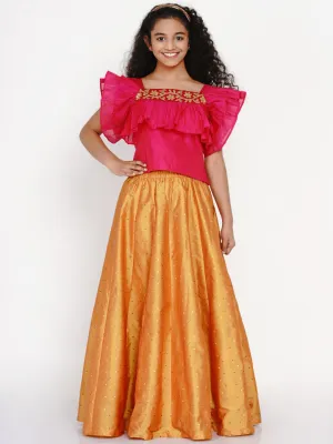 Girls Pink & Orange Thread Work Ready To Wear Lehenga & Blouse