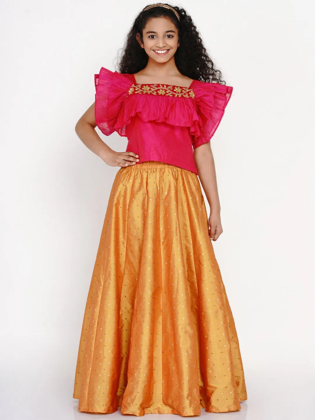 Girls Pink & Orange Thread Work Ready To Wear Lehenga & Blouse