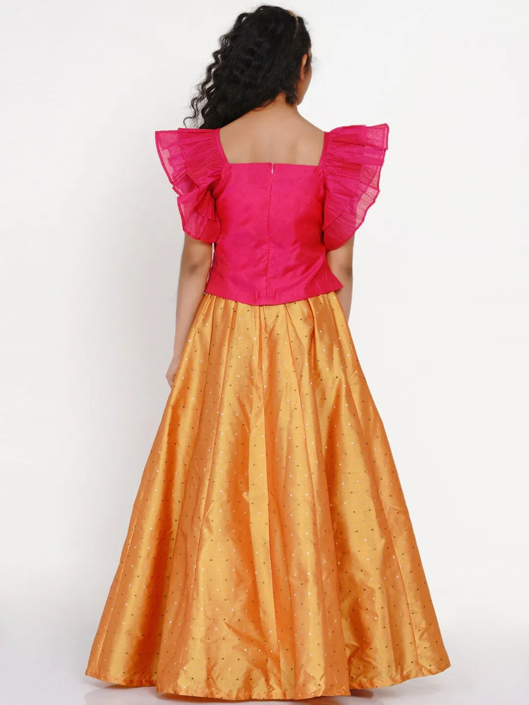 Girls Pink & Orange Thread Work Ready To Wear Lehenga & Blouse