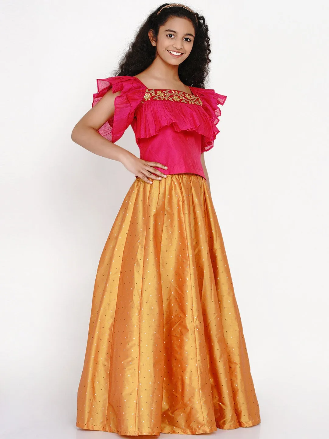 Girls Pink & Orange Thread Work Ready To Wear Lehenga & Blouse
