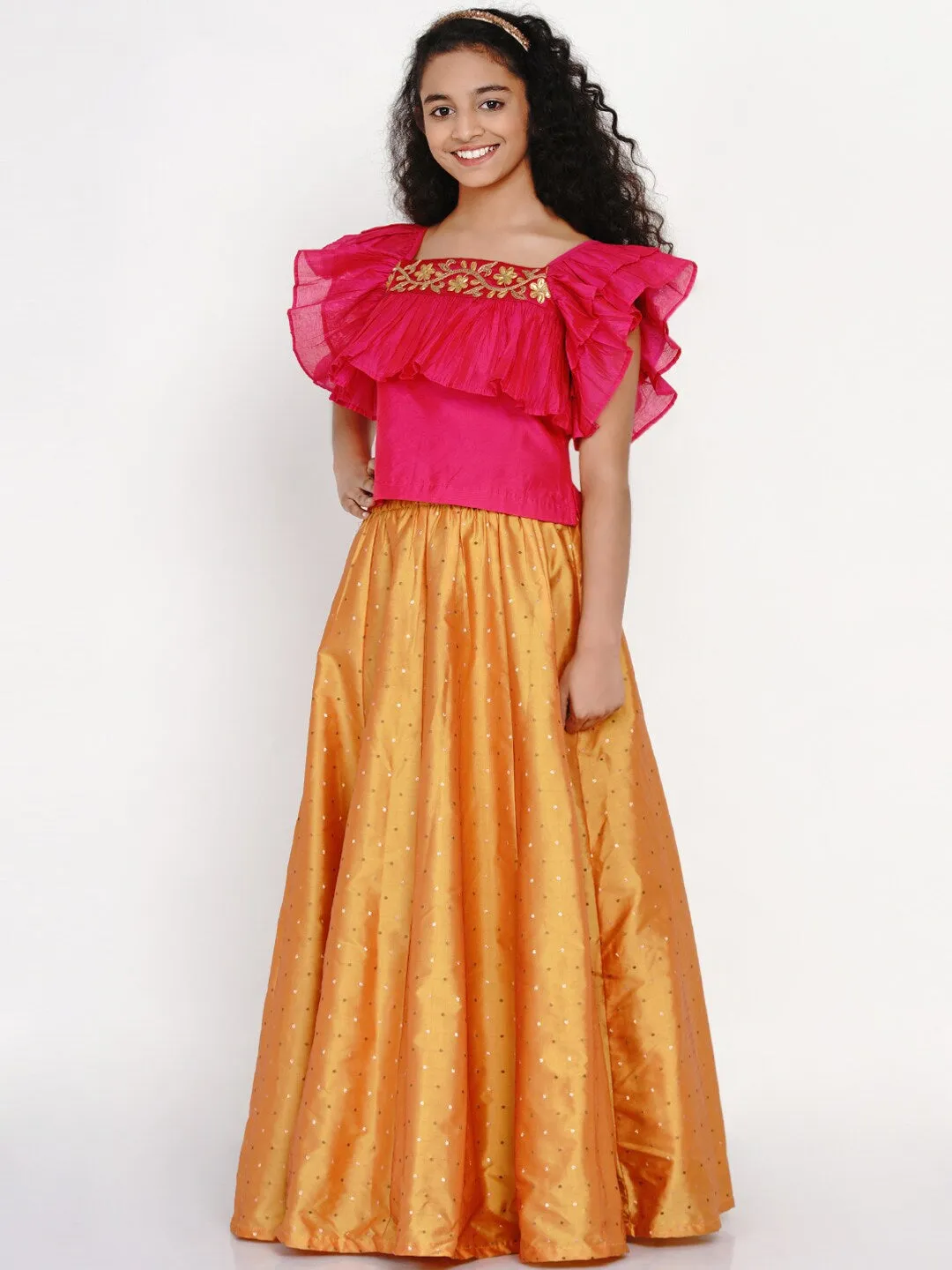 Girls Pink & Orange Thread Work Ready To Wear Lehenga & Blouse