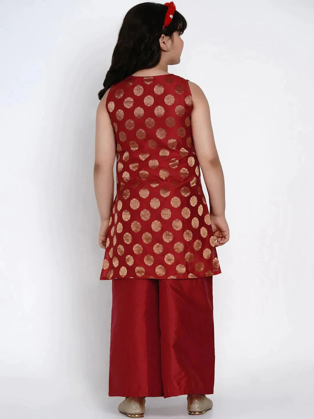 Girls Red & Gold-Coloured Printed Kurti With Palazzos