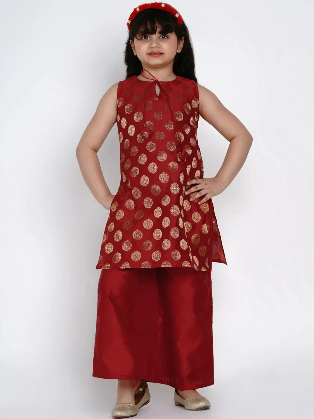 Girls Red & Gold-Coloured Printed Kurti With Palazzos