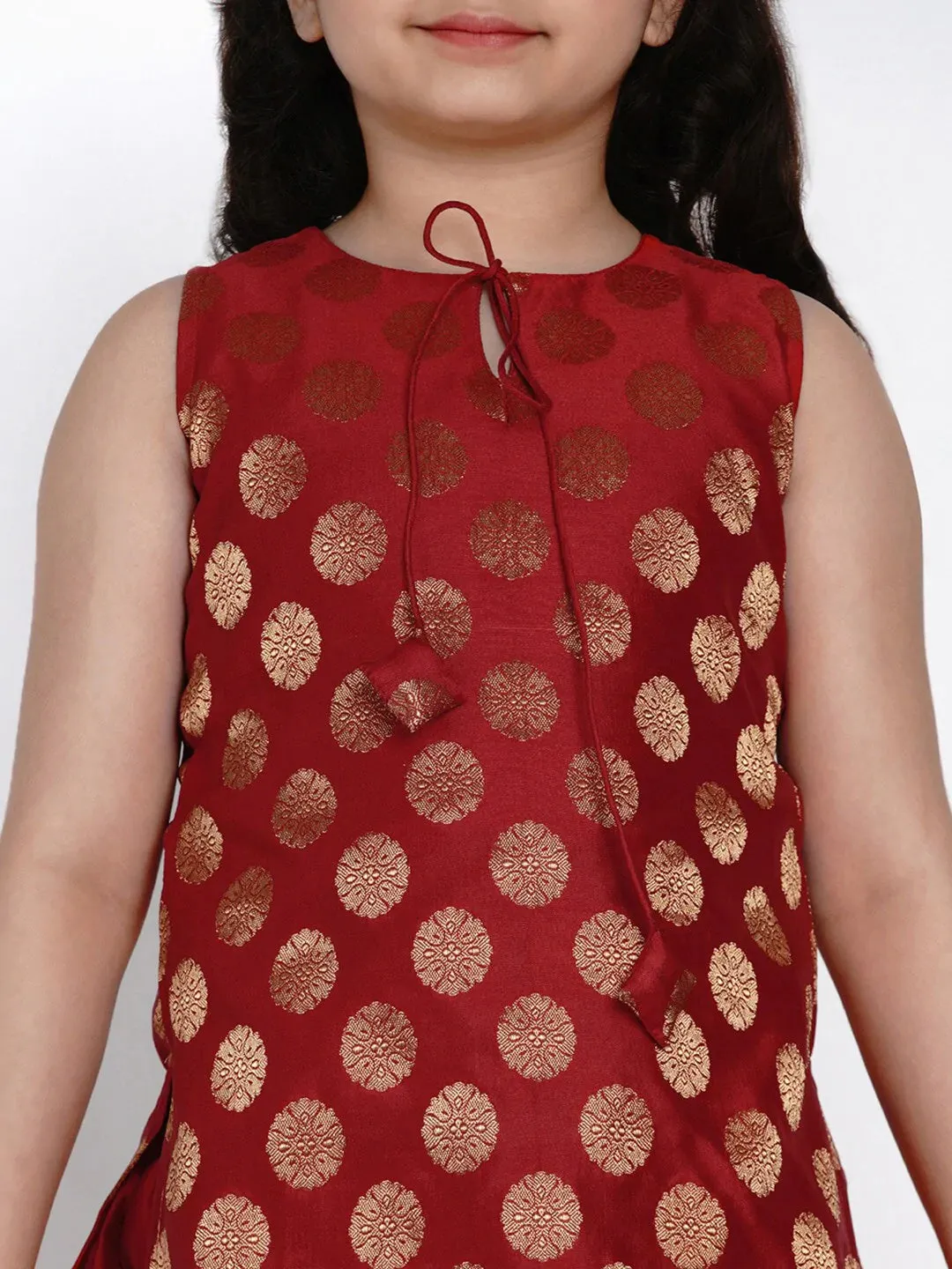 Girls Red & Gold-Coloured Printed Kurti With Palazzos