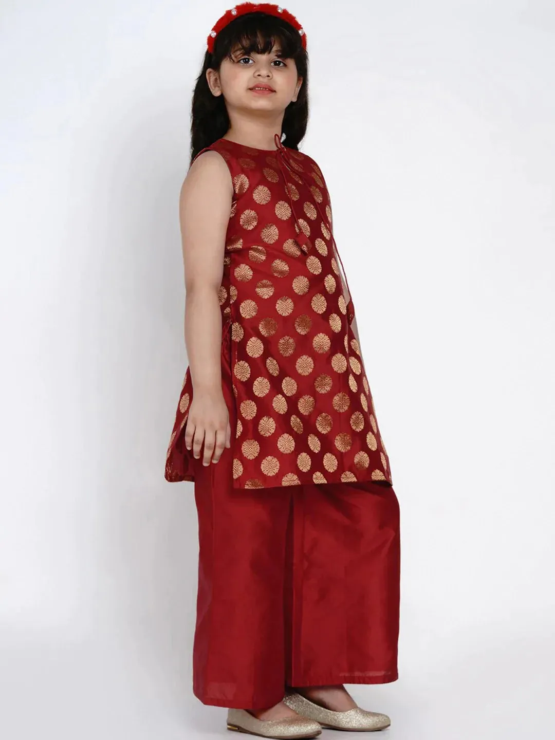 Girls Red & Gold-Coloured Printed Kurti With Palazzos